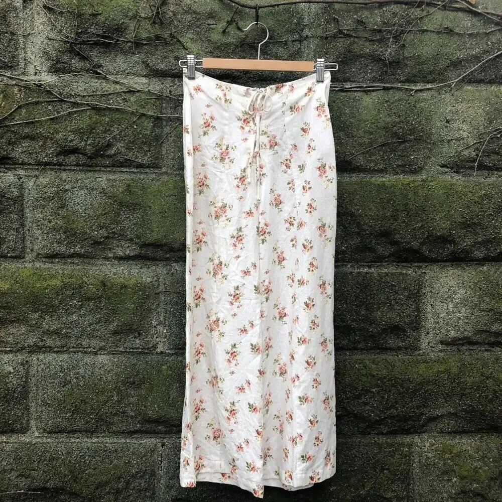 Reformation Creed Floral Lace Up Linen Pants 0